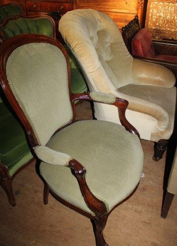 Victorian mahogany framed pale green dralon upholstered armchair